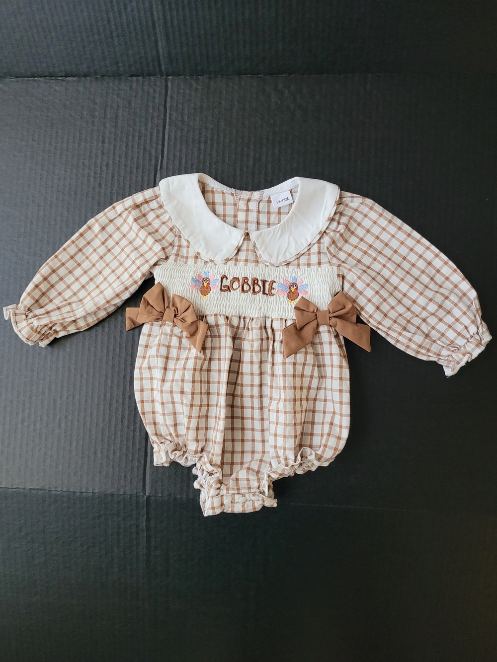 Thanksgiving Baby Girls Gobble Turkey Smocked Romper Outfit Plaid Bows